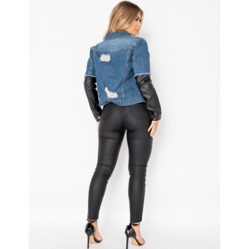 Blue Distressed Denim Jeans Jacket with Long Vegan Leather Faux Leather Sleeves - Picture 8 of 13
